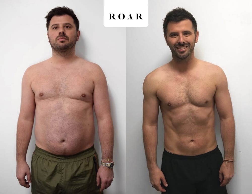 David's male body transformation, before and after personal training at ROAR Fitness London