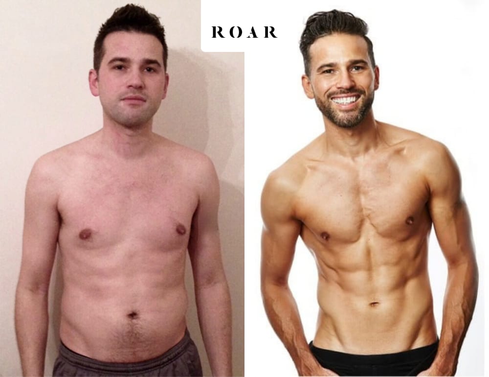 Before and after photos of Dean Edwards's male body transformation at ROAR Fitness London
