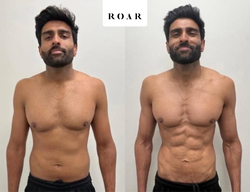Dipesh's male body transformation, before and after personal training at ROAR Fitness London