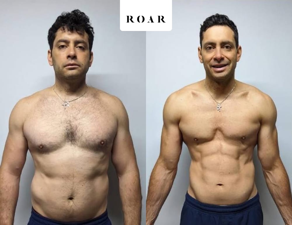 Before and after photos of Dom's male body transformation at ROAR Fitness London