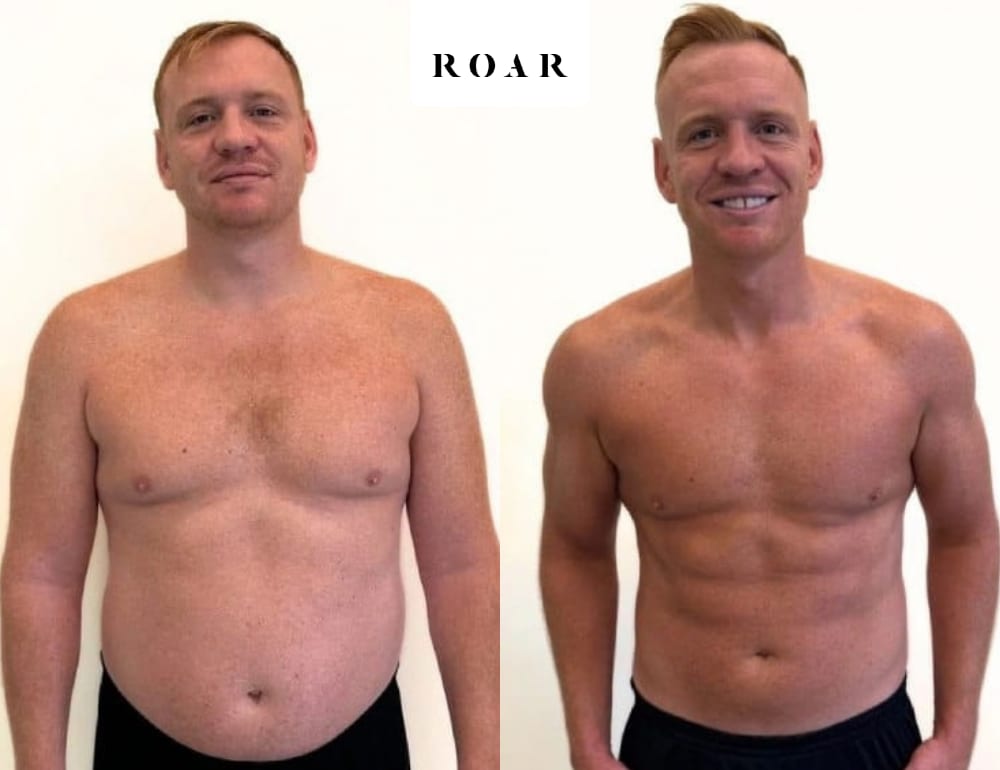 Gordie's male body transformation, before and after personal training at ROAR Fitness London