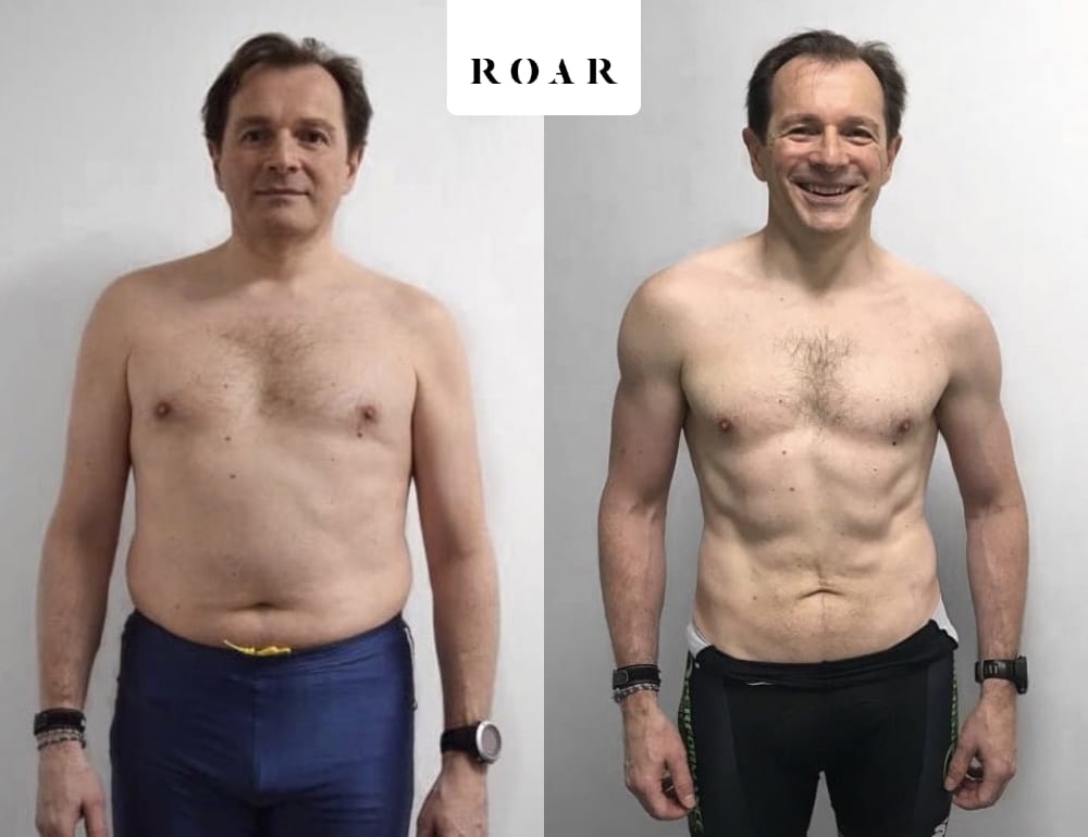 Greg before and after his male body transformation with ROAR Fitness London personal training