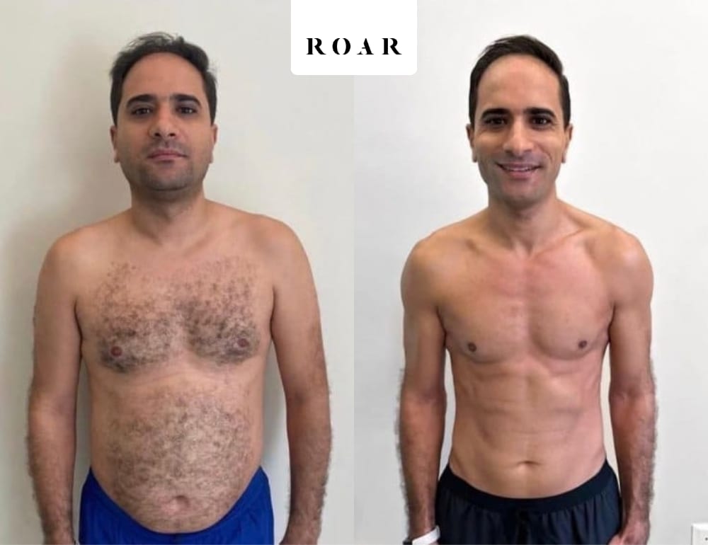 Before and after photos of Hadi's male body transformation at ROAR Fitness London