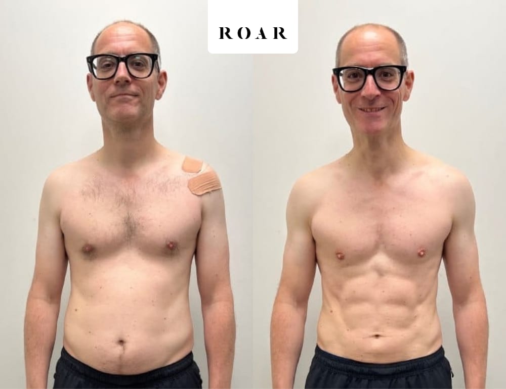 Harry's male body transformation, before and after personal training at ROAR Fitness London