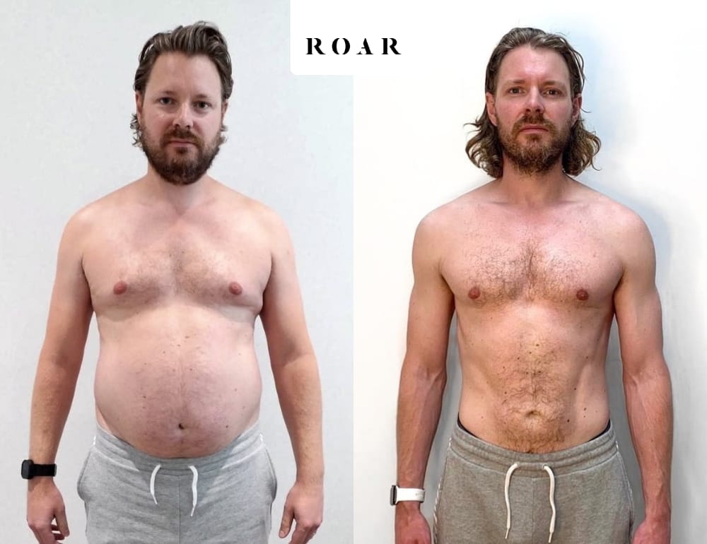 Before and after photos of Harry's male body transformation at ROAR Fitness London