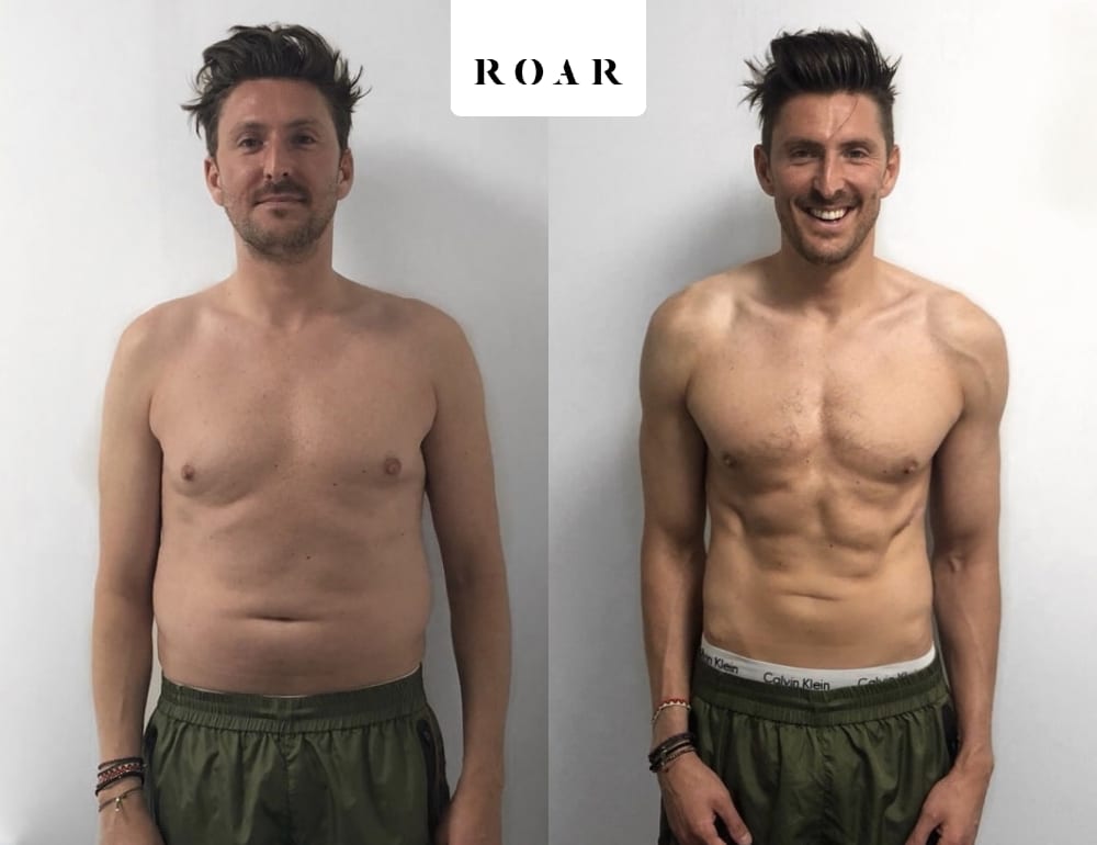 Henry Holland's male body transformation, before and after personal training at ROAR Fitness London