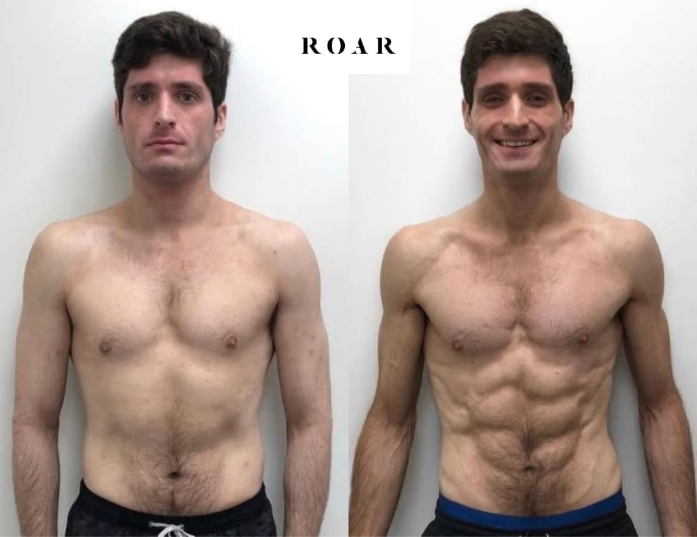 Before and after photos of Henry M's male body transformation at ROAR Fitness London