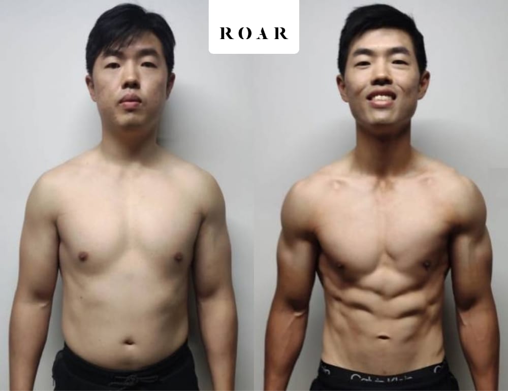 James E's male body transformation, before and after personal training at ROAR Fitness London