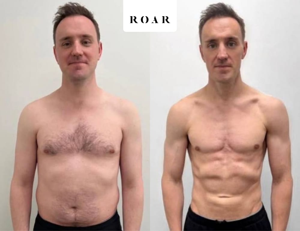 Before and after photos of Jonathon's male body transformation at ROAR Fitness London