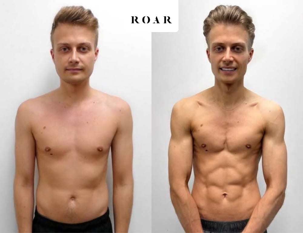Josh's male body transformation, before and after personal training at ROAR Fitness London
