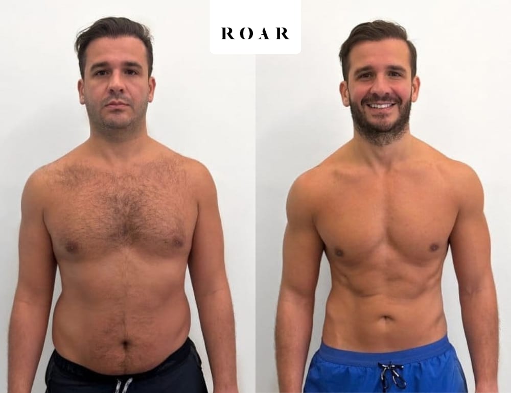 Karim before and after his male body transformation with ROAR Fitness London personal training