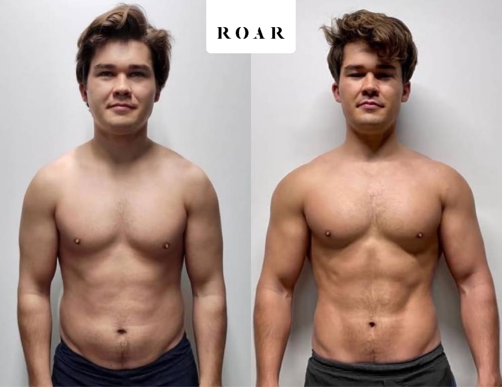 Before and after photos of Kieran's male body transformation at ROAR Fitness London