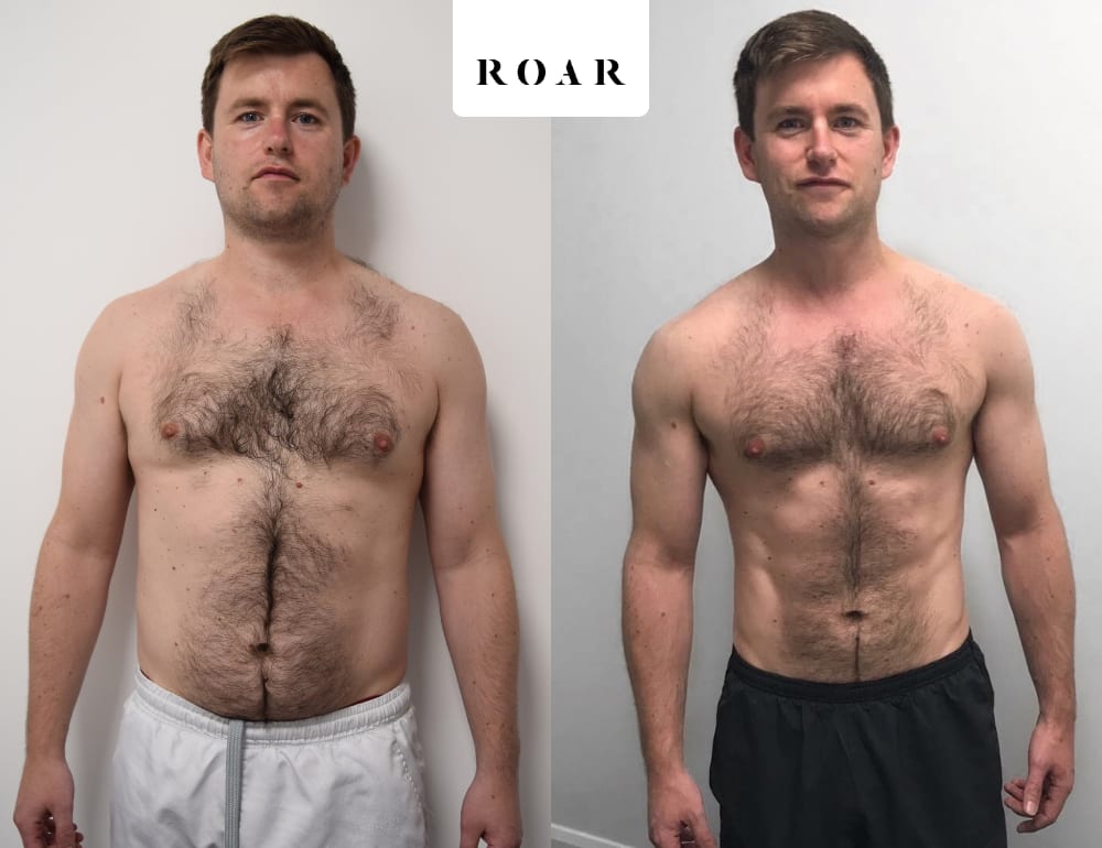 Kieren before and after his male body transformation with ROAR Fitness London personal training