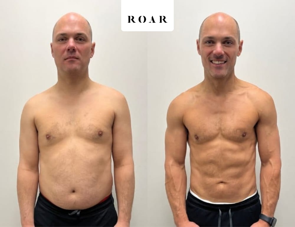 Lewis before and after his male body transformation with ROAR Fitness London personal training