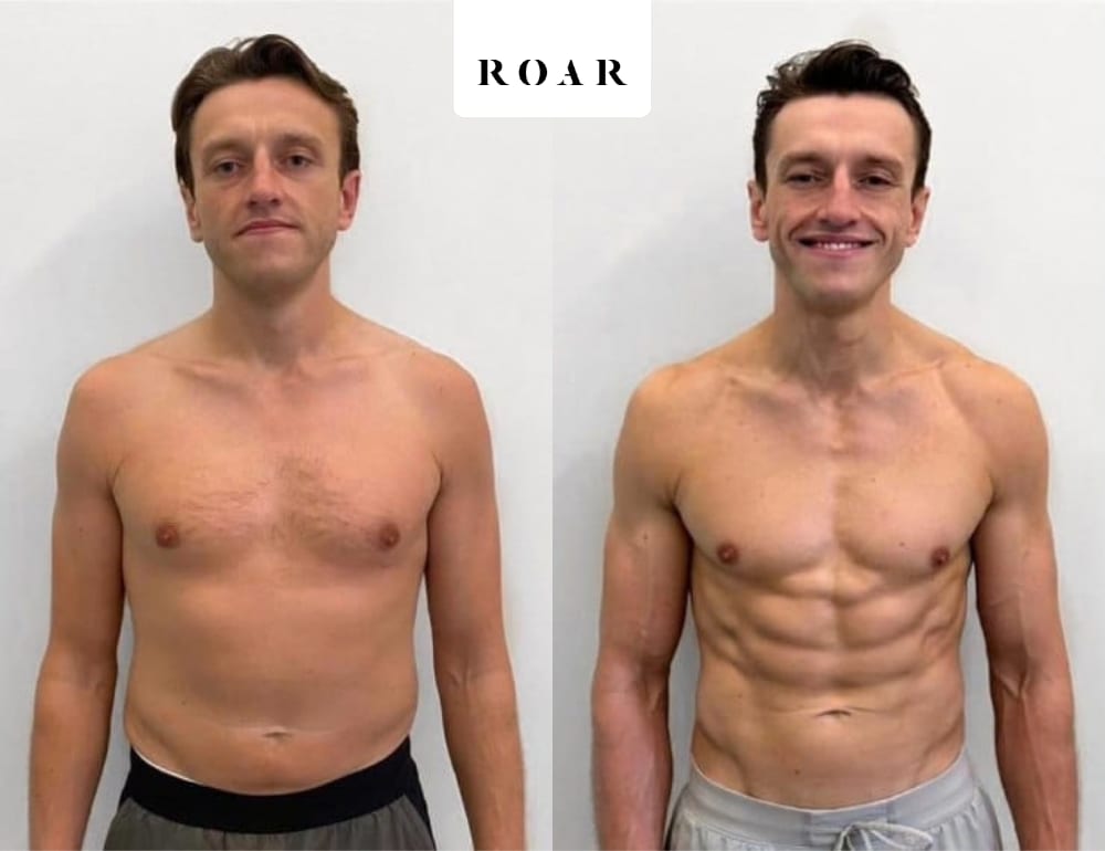 Lewis before and after his male body transformation with ROAR Fitness London personal training