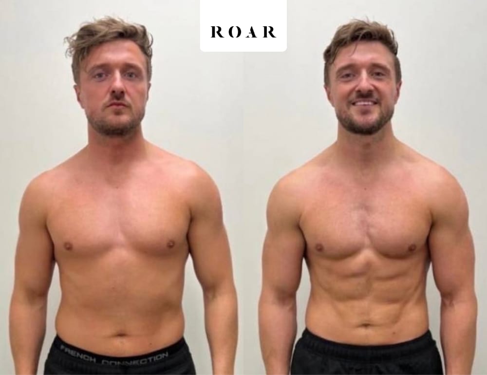 Luke's male body transformation, before and after personal training at ROAR Fitness London