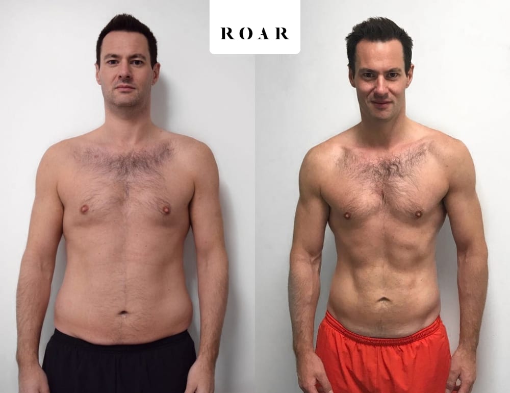 Before and after photos of Matt's male body transformation at ROAR Fitness London