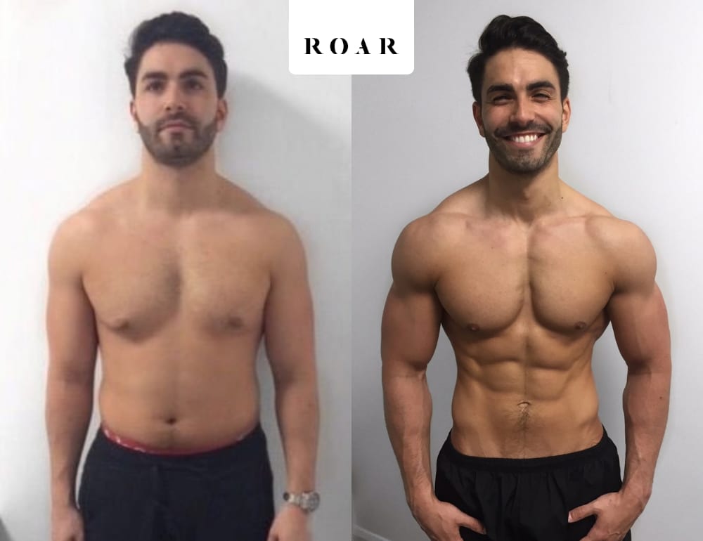 Michael's male body transformation, before and after personal training at ROAR Fitness London