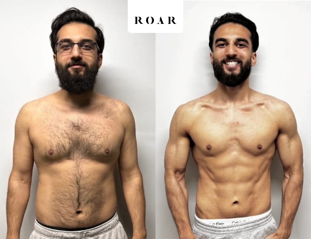 Before and after photos of Najim's male body transformation at ROAR Fitness London