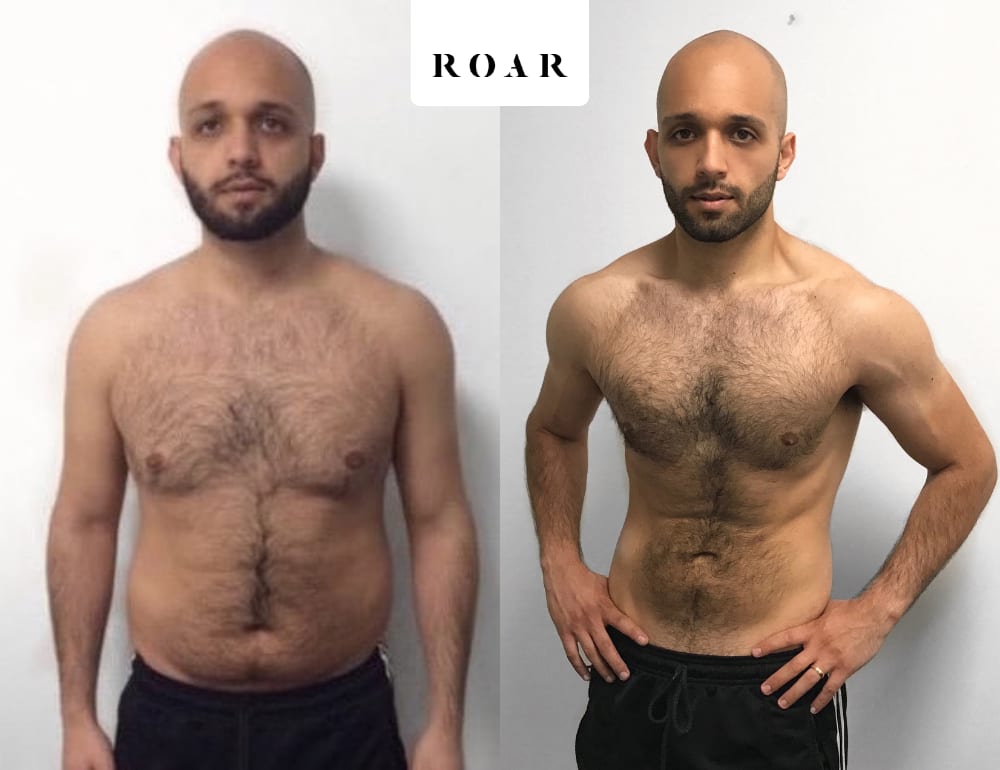 Nick's male body transformation, before and after personal training at ROAR Fitness London
