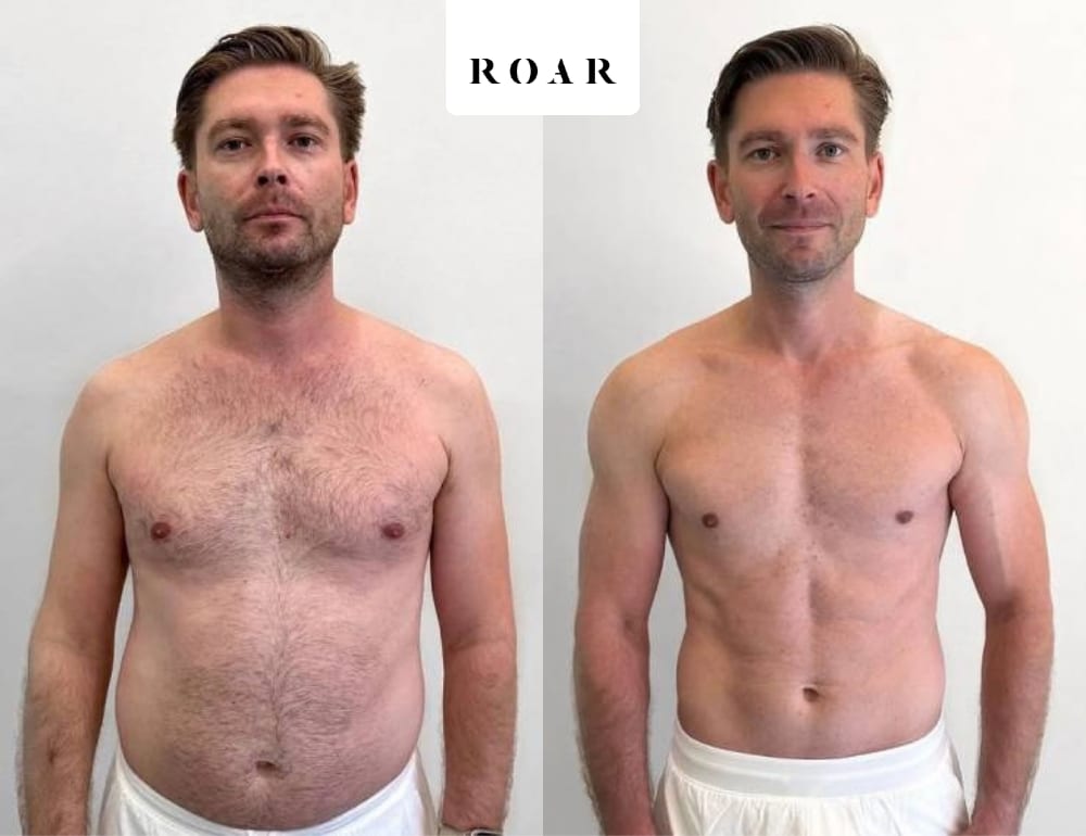 Before and after photos of Nikita's male body transformation at ROAR Fitness London