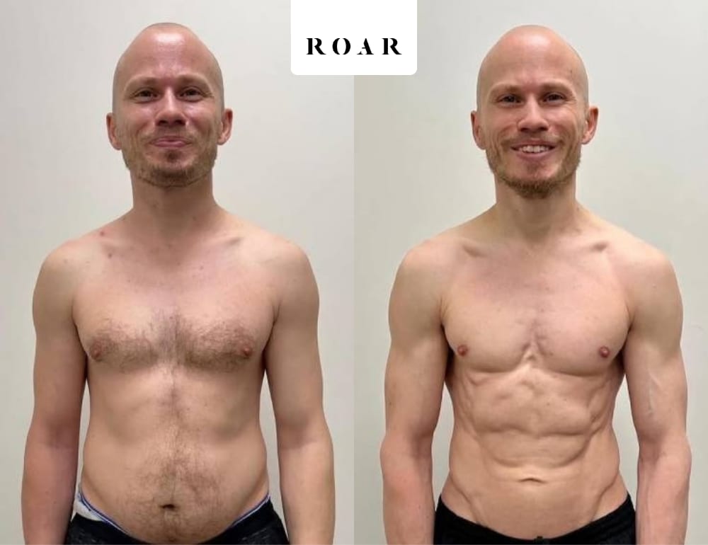 Before and after photos of Owen's male body transformation at ROAR Fitness London