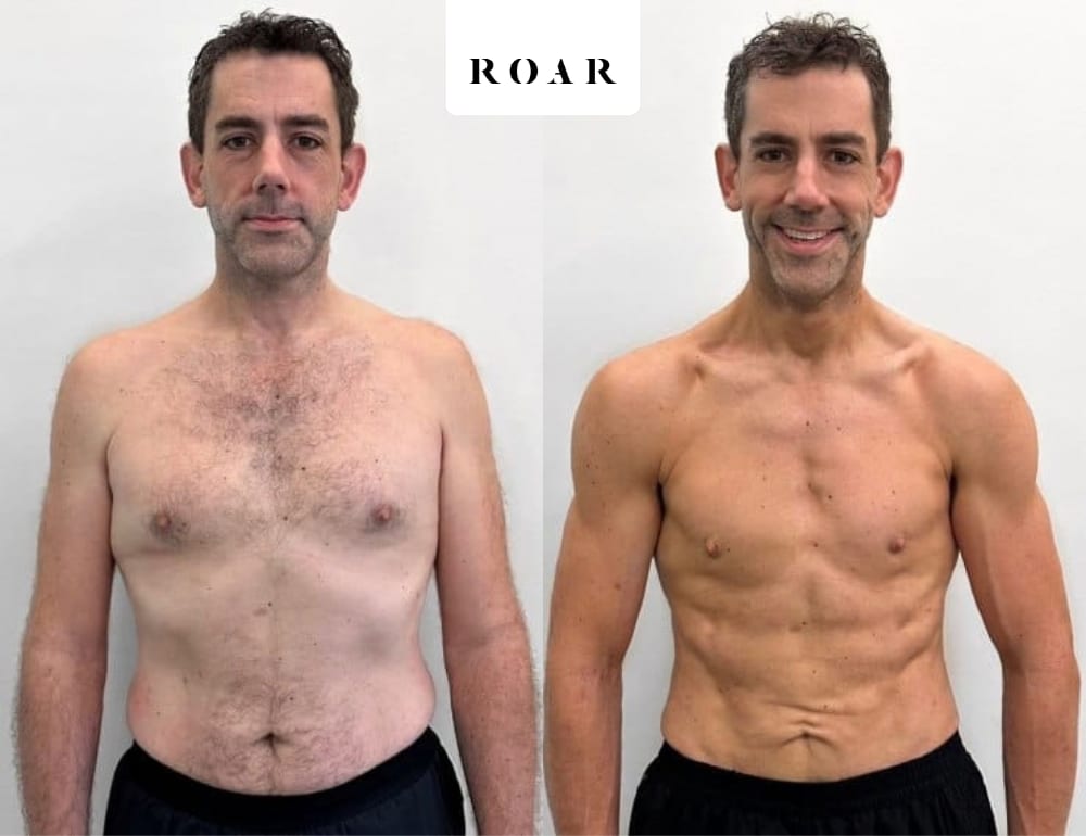 Before and after photos of Paul's male body transformation at ROAR Fitness London