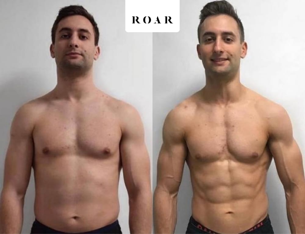 Before and after photos of Peter's male body transformation at ROAR Fitness London