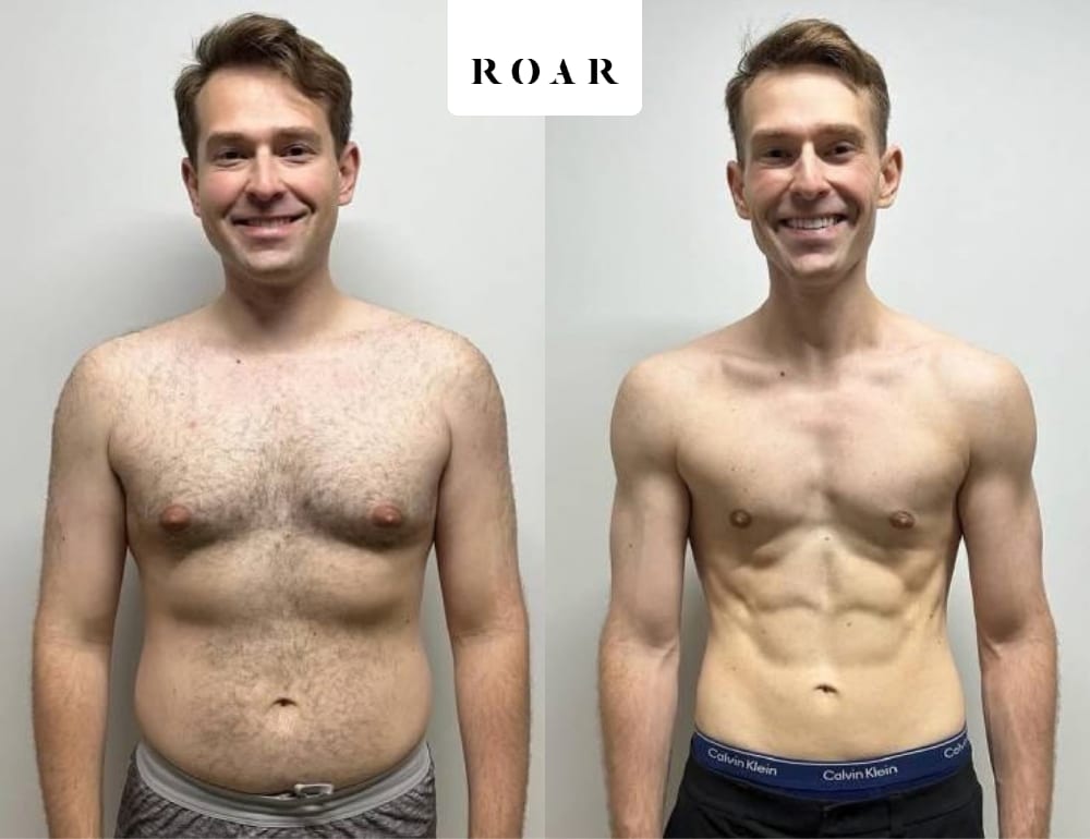 Before and after photos of Philip's male body transformation at ROAR Fitness London