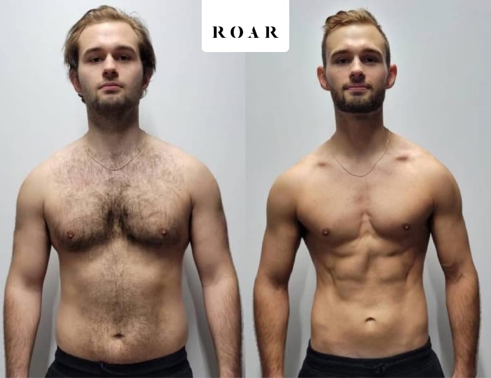 Rafe's male body transformation, before and after personal training at ROAR Fitness London