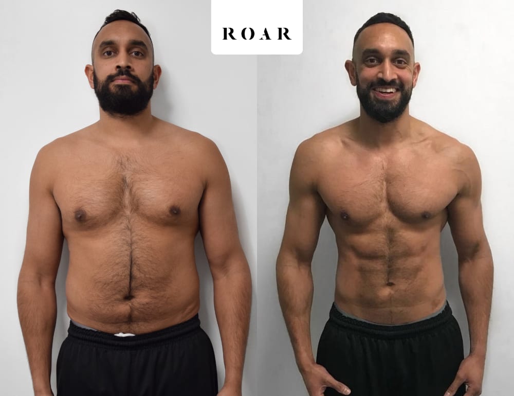 Raj before and after his male body transformation with ROAR Fitness London personal training