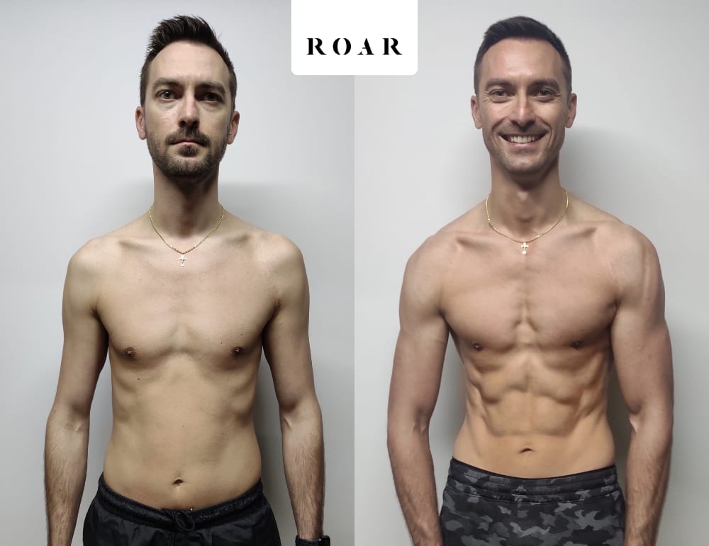Rares before and after his male body transformation with ROAR Fitness London personal training