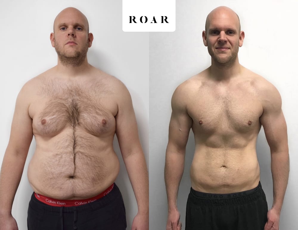 Richard's male body transformation, before and after personal training at ROAR Fitness London