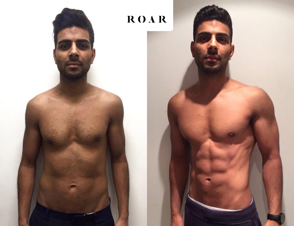 Before and after photos of Ricky's male body transformation at ROAR Fitness London