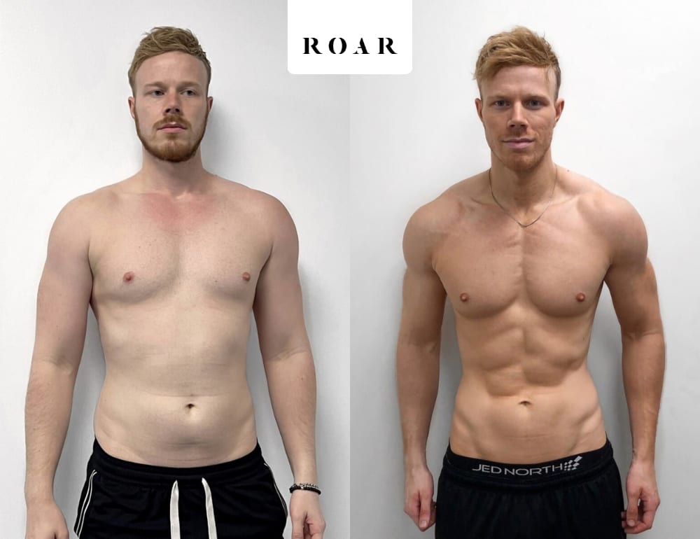 Rob's male body transformation, before and after personal training at ROAR Fitness London