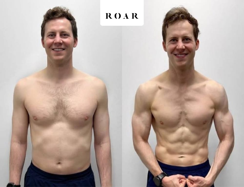 Robert before and after his male body transformation with ROAR Fitness London personal training