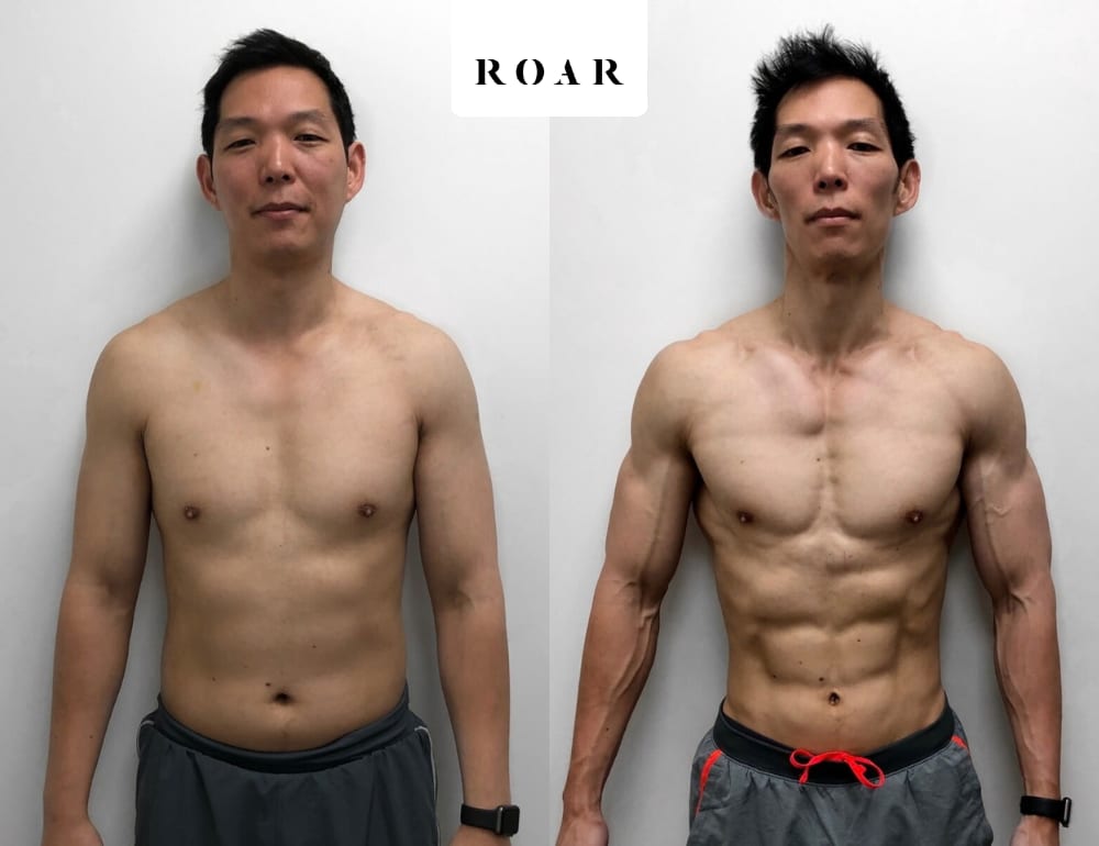 Sang's male body transformation, before and after personal training at ROAR Fitness London