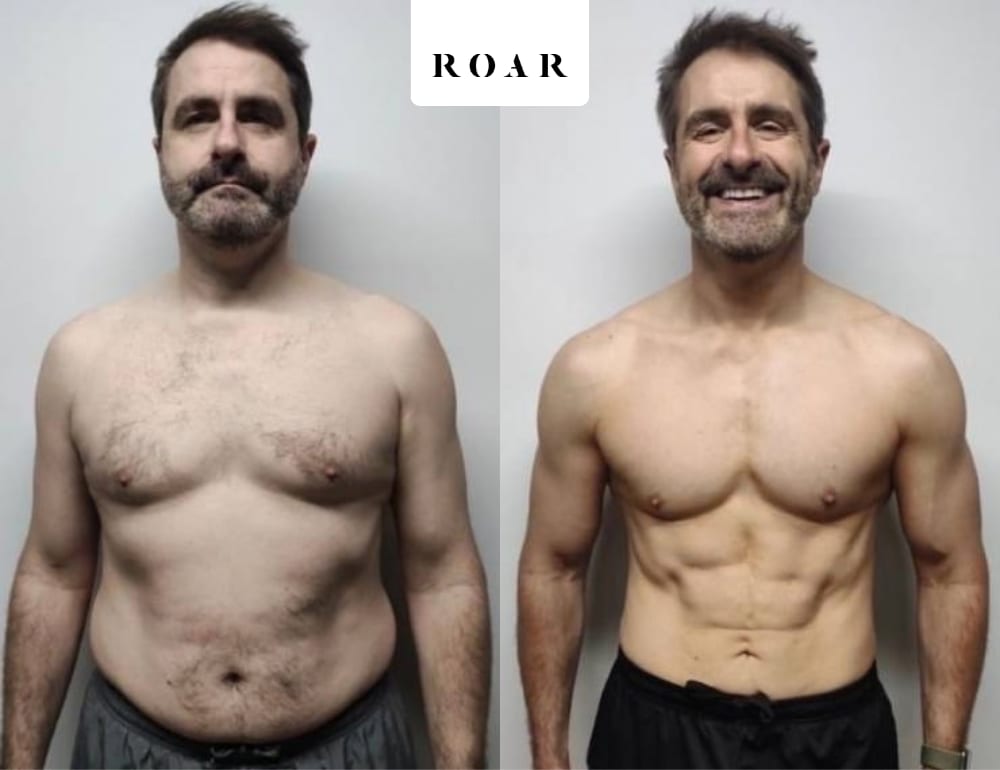 Simon before and after his male body transformation with ROAR Fitness London personal training