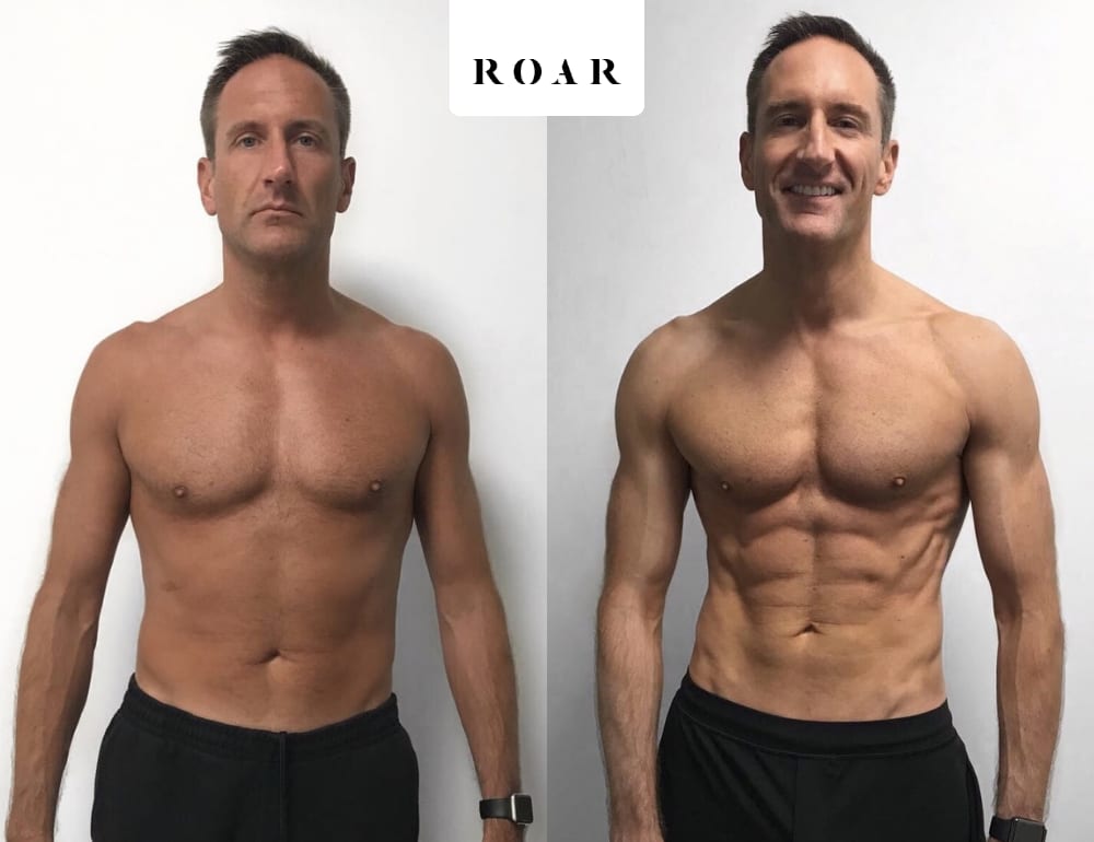 Before and after photos of Steve's male body transformation at ROAR Fitness London