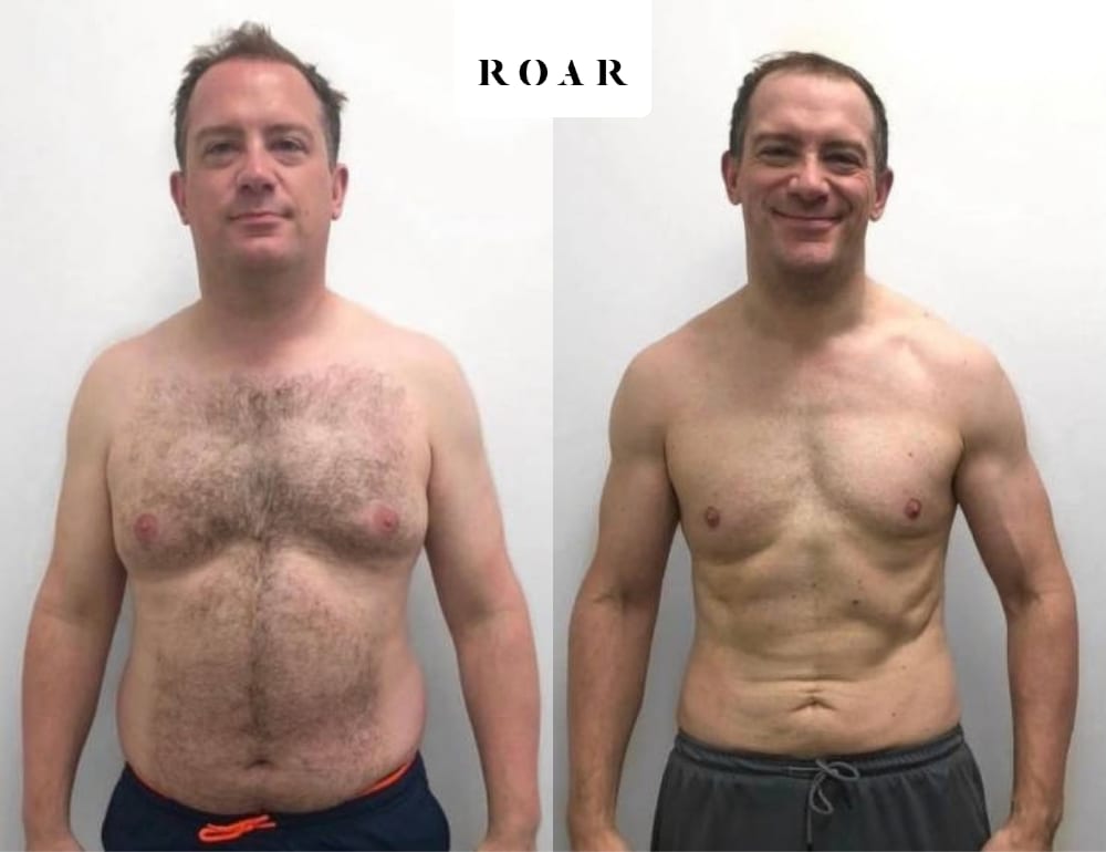 Stuart's male body transformation, before and after personal training at ROAR Fitness London