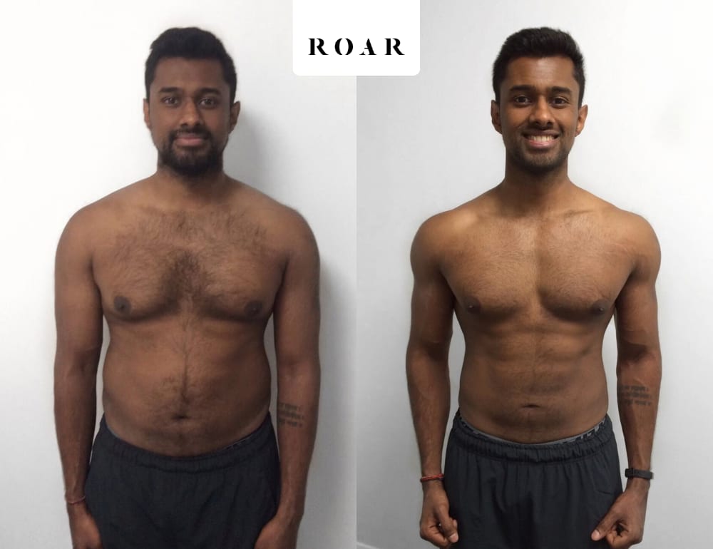Suman's male body transformation, before and after personal training at ROAR Fitness London