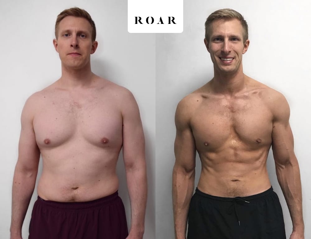 Tad's male body transformation, before and after personal training at ROAR Fitness London