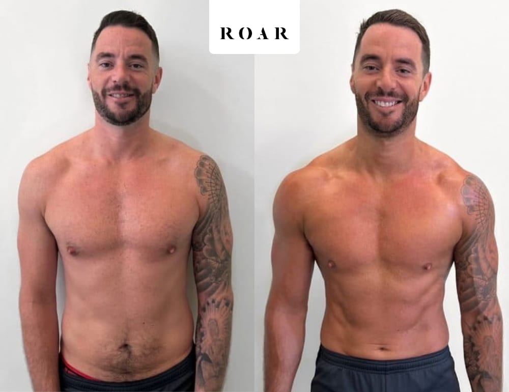 Before and after photos of Tom's male body transformation at ROAR Fitness London