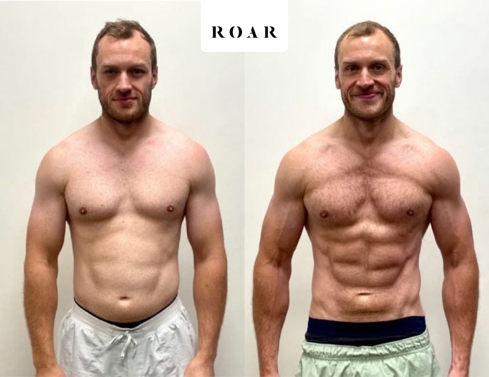 Before and after photos of Tom's male body transformation after injury at ROAR Fitness London