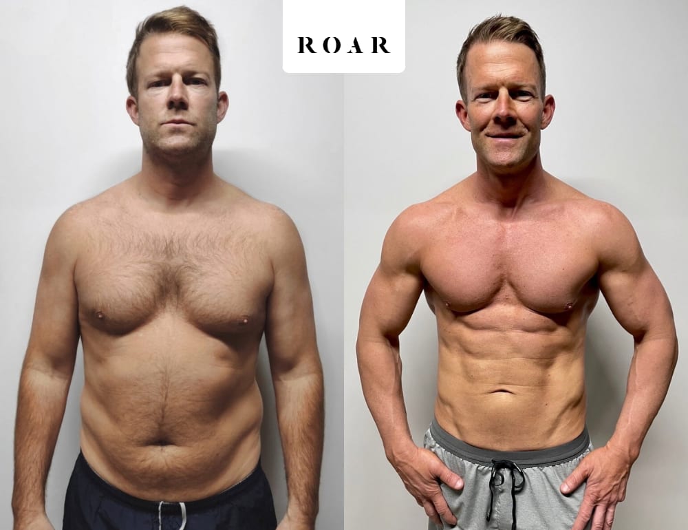 Travis before and after his male body transformation with ROAR Fitness London personal training