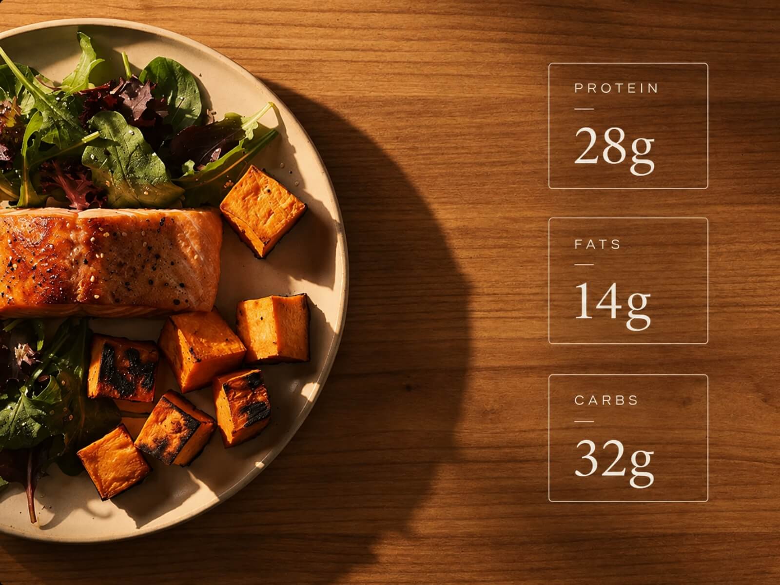 Grilled salmon fillet with roasted sweet potato and mixed salad, a Roar Fitness nutrition plan meal with 28g protein, 14g fat and 32g carbs