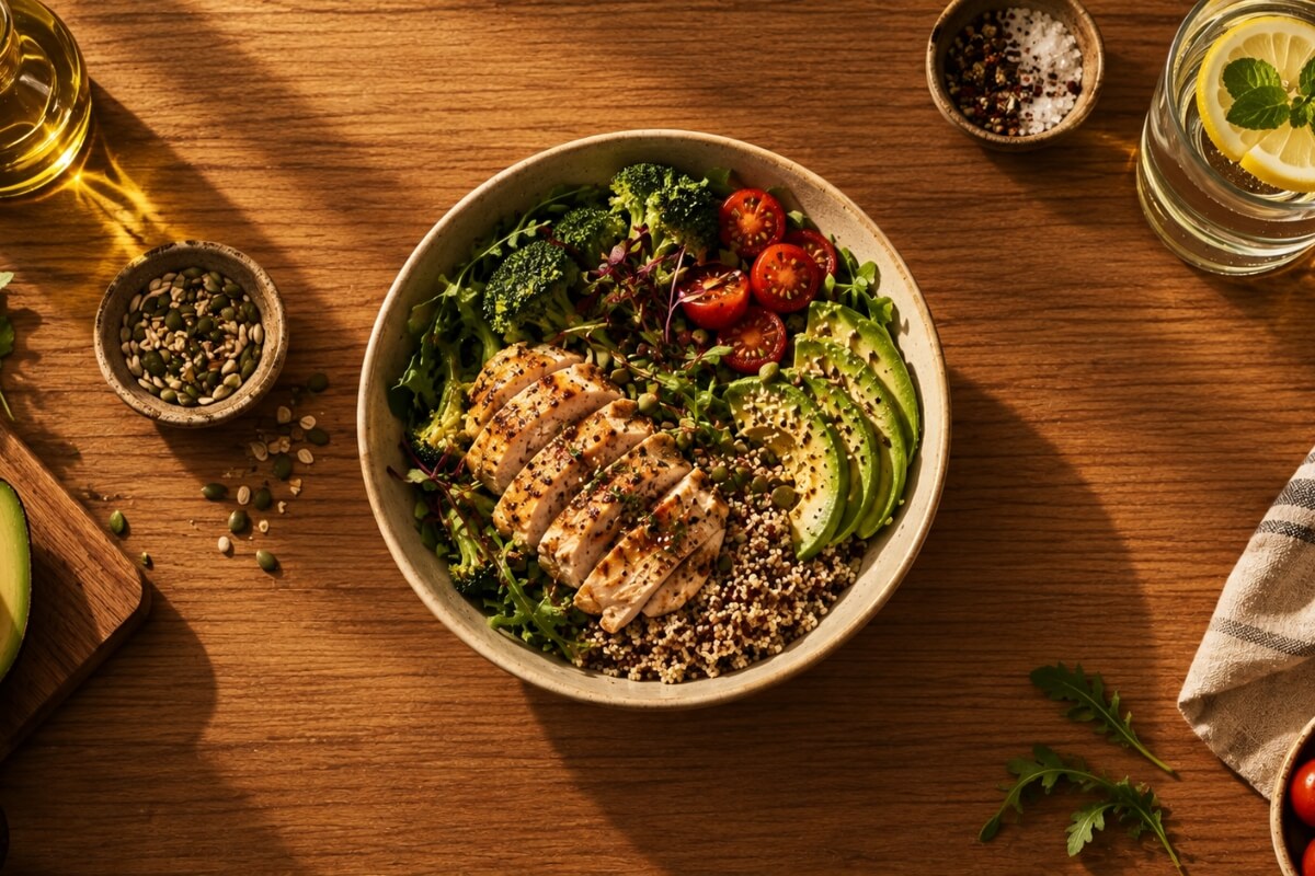 Balanced high-protein meal of chicken, quinoa and vegetables from the Roar Fitness nutrition system