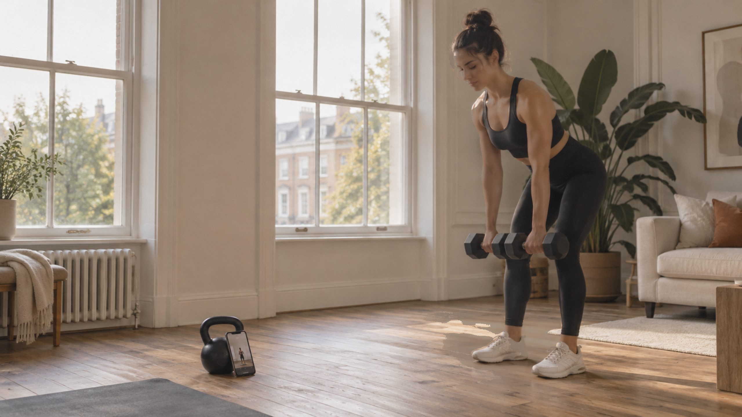 Woman doing a dumbbell Romanian deadlift at home, following her online personal training plan on her phone
