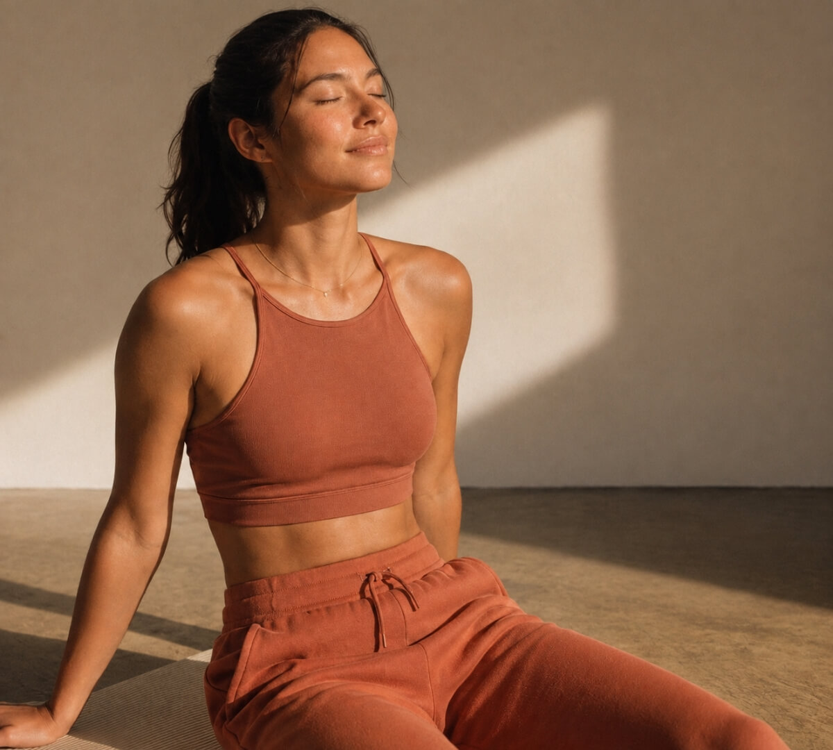 Post-training recovery and relaxation, woman sitting on a mat breathing in warm natural light
