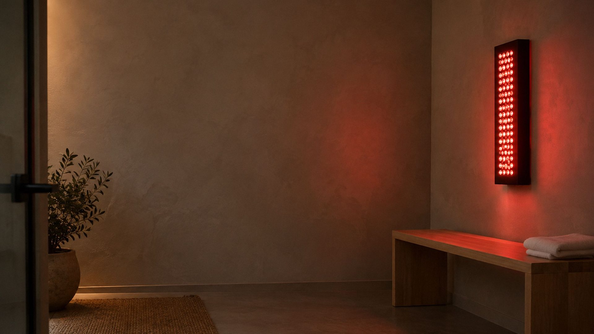 Red light therapy panel on a plaster wall above a wooden bench in a recovery room